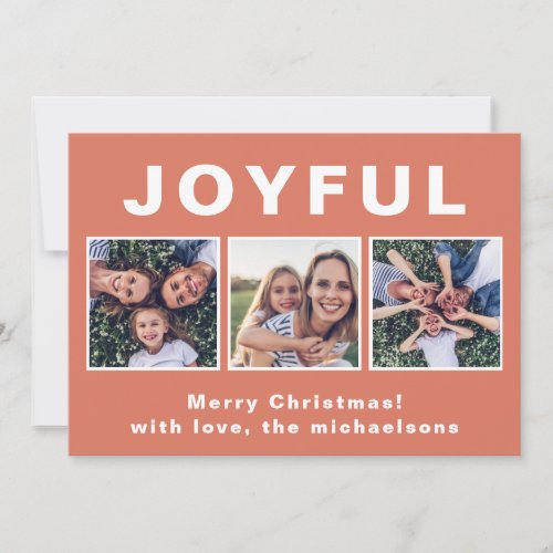Modern Joyful Christmas Coral Photo Collage Holiday Card