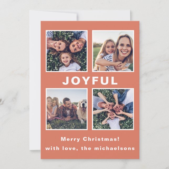 Modern Joyful Christmas Coral Photo Collage Holiday Card (Front)