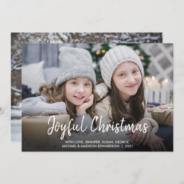 Modern Joyful Christmas modern script family photo Holiday Card (Front/Back)