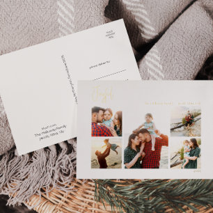 Modern Joyful Christmas Script Five Photo Gold Foil Holiday Postcard