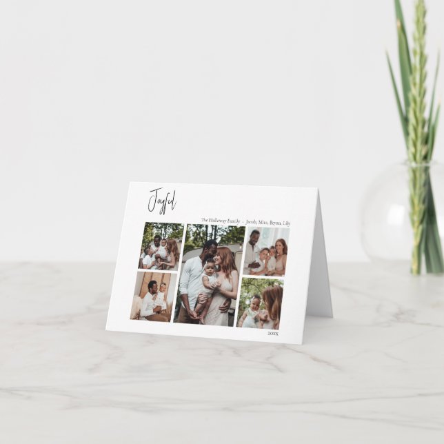 Modern Joyful Christmas Script Folded Five-Photo Holiday Card (Front)