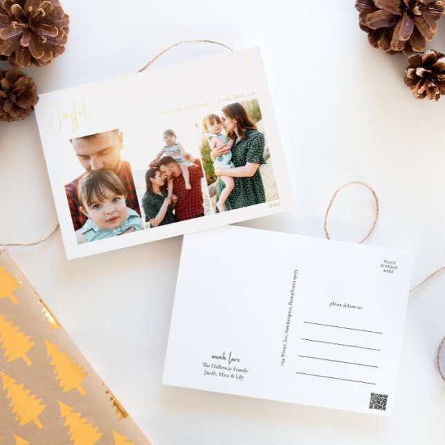 Modern Joyful Christmas Script Three Photo | Gold Foil Holiday Postcard (Creator Uploaded)