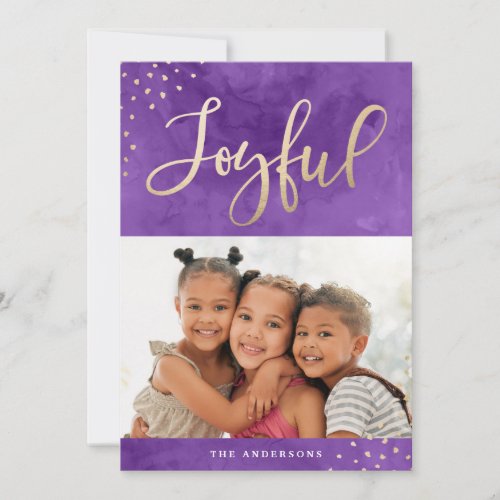 Modern Joyful Gold Purple Watercolor Photo Holiday Card
