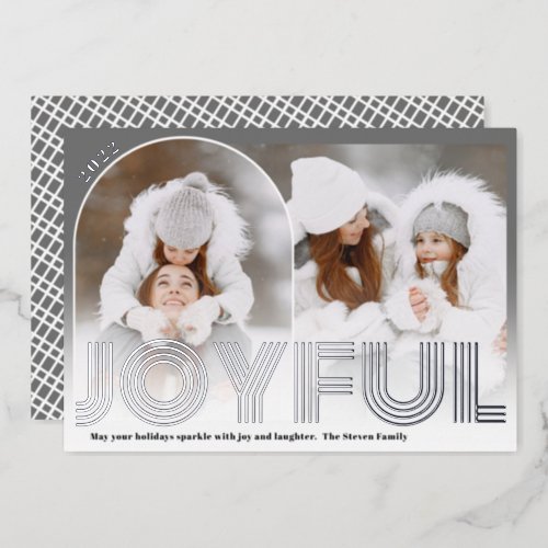 Modern Joyful gray 2 photo arch overlay collage Foil Holiday Card