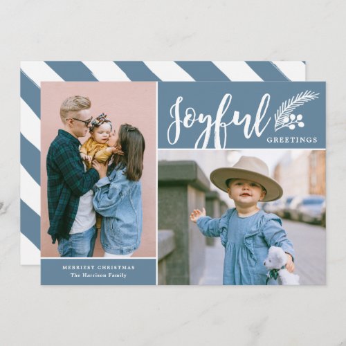 Modern Joyful Greetings Two Photo Blue Holiday Card