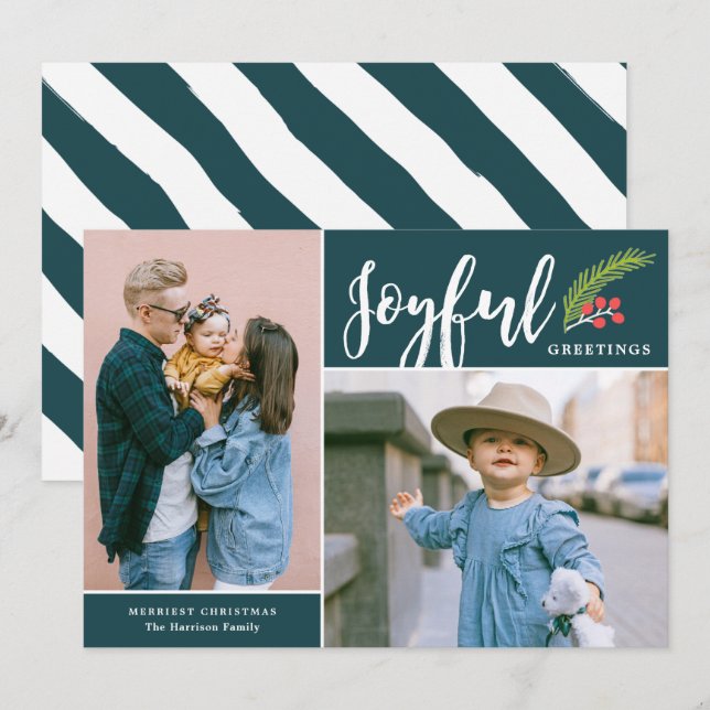 Modern Joyful Greetings Two Photo Teal Holiday Card (Front/Back)