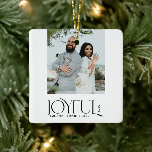 Modern Joyful Married Newlywed Merry Christmas Ceramic Ornament (Tree)