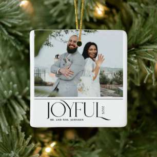 Modern Joyful Married Newlywed Merry Christmas Ceramic Ornament