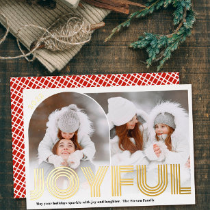Modern Joyful red 2 photo arch overlay collage Foil Holiday Card