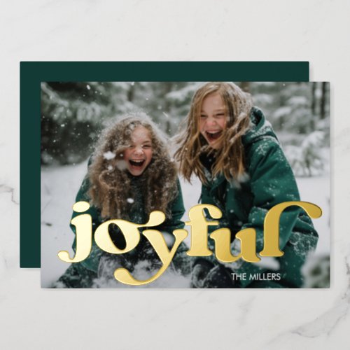 Modern Joyful Retro Typography 1 Photo Minimal Foil Holiday Card