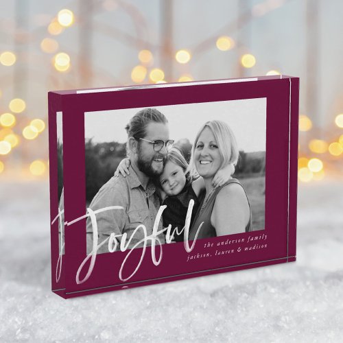 Modern Joyful Script Berry Purple Holiday Photo Block