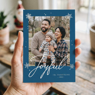Modern Joyful Script Blue Winter Snowflakes Photo Holiday Card
