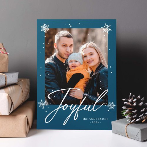 Modern Joyful Script Blue Winter Snowflakes Photo Holiday Card