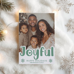 Modern Joyful Script Green Christmas Photo Letterpress Photo Cards