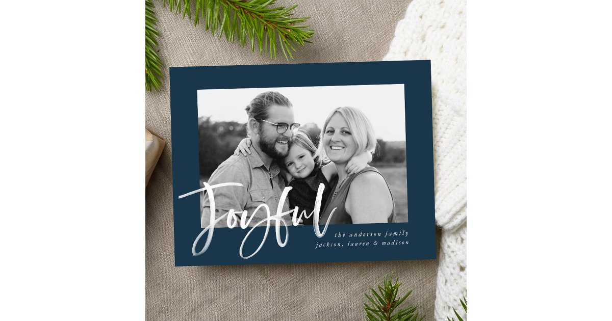Modern Joyful Script Navy Holiday Photo Postcard | Zazzle