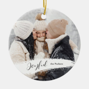Modern Joyful Script with Snowy Brushstroke Photo Ceramic Ornament