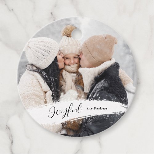 Modern Joyful Script with Snowy Brushstroke Photo Favor Tags