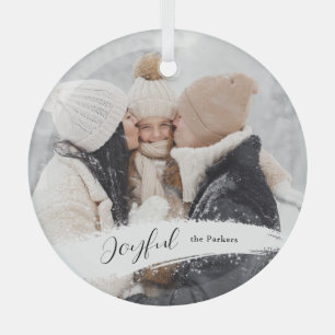 Modern Joyful Script with Snowy Brushstroke Photo Glass Ornament