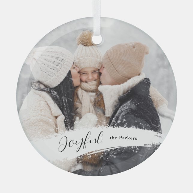 Modern Joyful Script with Snowy Brushstroke Photo Glass Ornament (Front)