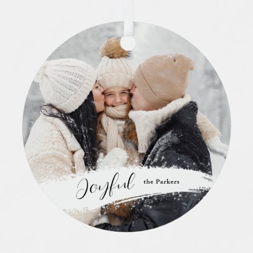 Modern Joyful Script with Snowy Brushstroke Photo Metal Ornament