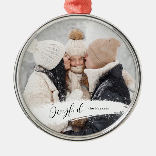 Modern Joyful Script with Snowy Brushstroke Photo Metal Ornament