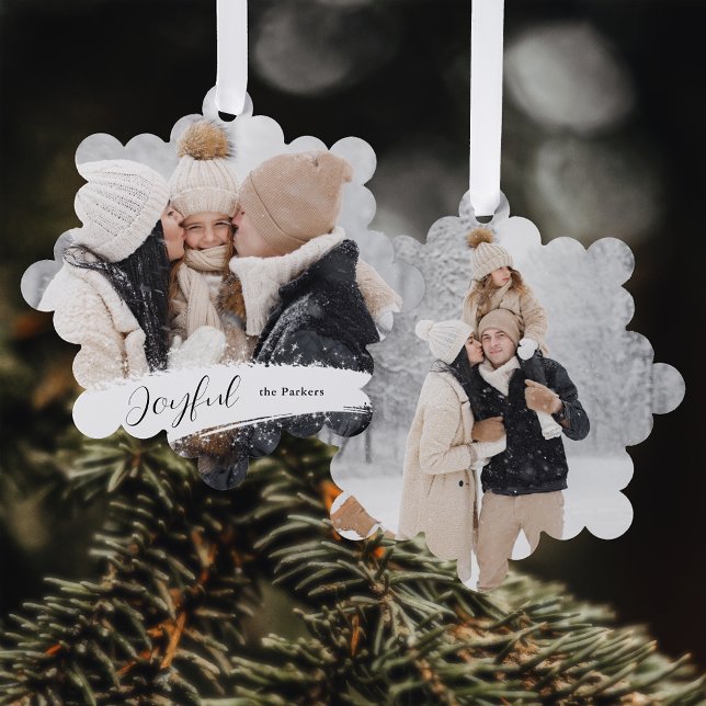 Modern Joyful Script with Snowy Brushstroke Photo Ornament Card (Creator Uploaded)