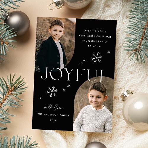 Modern Joyful Snowflake Black Arch Frame 2 Photo Holiday Card