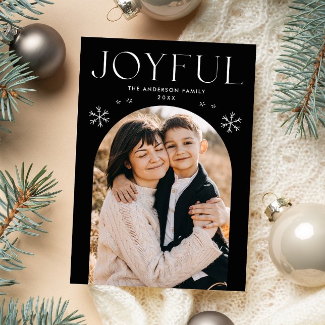 Modern Joyful Snowflake Black Arch Photo Holiday Card (Creator Uploaded)