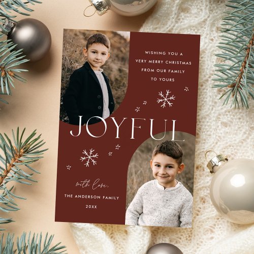 Modern Joyful Snowflake Brown Arch Frame 2 Photo Holiday Card