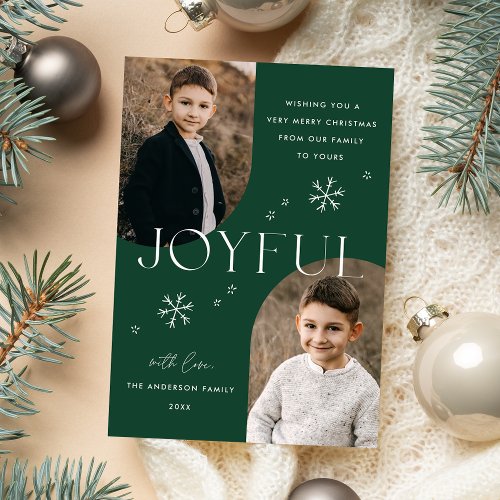 Modern Joyful Snowflake Green Arch Frame 2 Photo Holiday Card