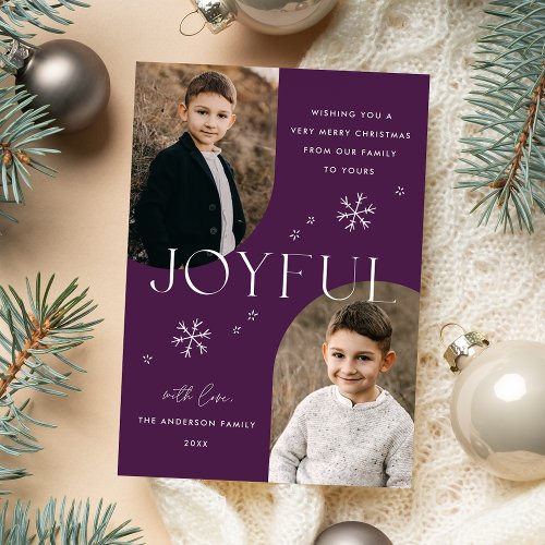 Modern Joyful Snowflake Purple Arch Frame 2 Photo Holiday Card