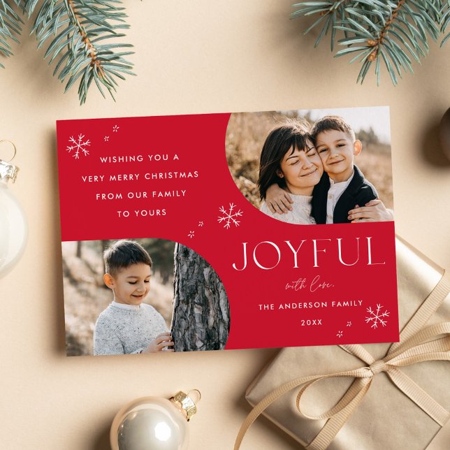 Modern Joyful Snowflake Red Arch Frame 2 Photo Holiday Card (Creator Uploaded)