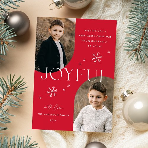 Modern Joyful Snowflake Red Arch Frame 2 Photo Holiday Card