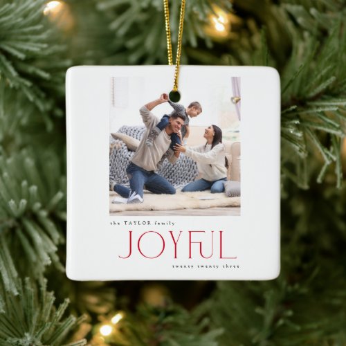 Modern Joyful Typography Family 2 Photo Christmas Ceramic Ornament