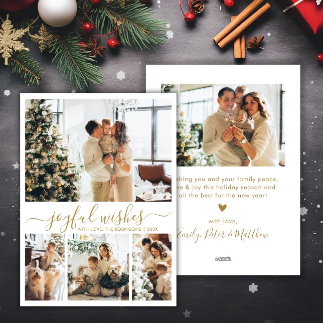 Modern Joyful Wishes Gold Script 4 Photo Christmas Holiday Card (Creator Uploaded)