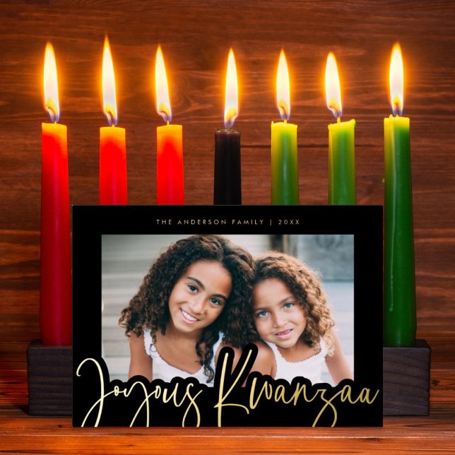 Modern Joyous Kwanzaa Mudcloth Pattern Photo Gold Foil Holiday Card (Creator Uploaded)