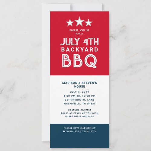 Modern July 4th Backyard BBQ Party Red White Blue Invitation