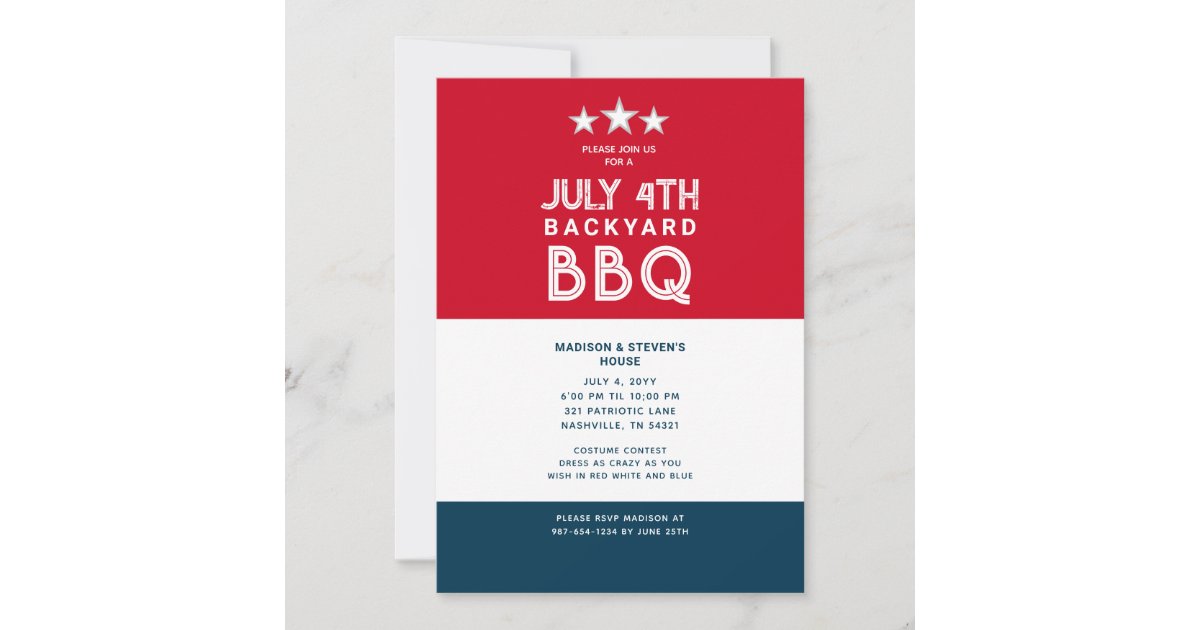 Modern July 4th Backyard BBQ Party Red White Blue Invitation | Zazzle