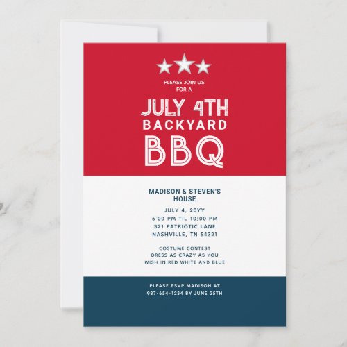 Modern July 4th Backyard BBQ Party Red White Blue Invitation