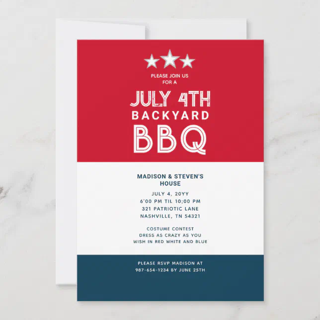 Modern July 4th Backyard BBQ Party Red White Blue Invitation | Zazzle