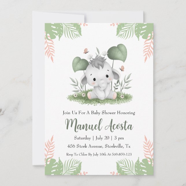 modern jungle elephant baby shower invitations (Front)
