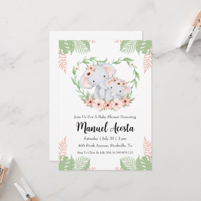 modern jungle elephant baby shower invitations (Front/Back In Situ)