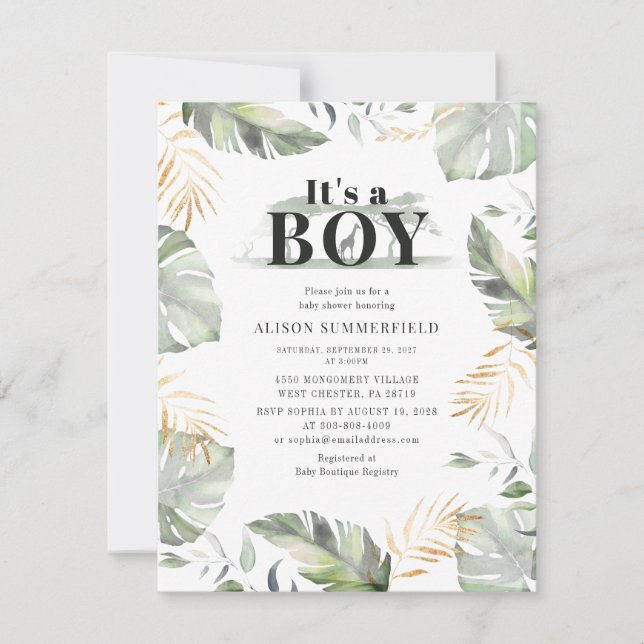 Modern Jungle Giraffe Boy Baby Shower Invitation (Front)
