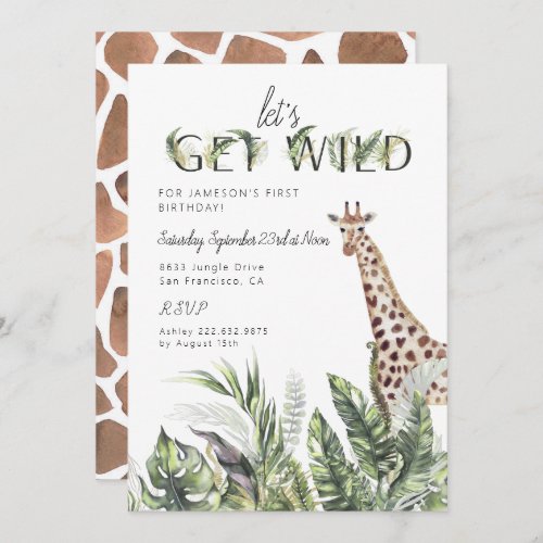 Modern Jungle Greenery  Giraffe Birthday Invitation