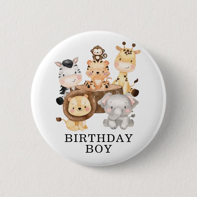 Modern Jungle Safari Animals Wild One Birthday Boy Button (Front)