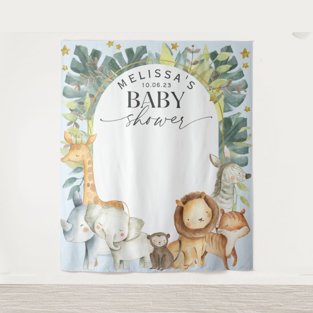 Modern jungle safari baby boy shower backdrop (Front)