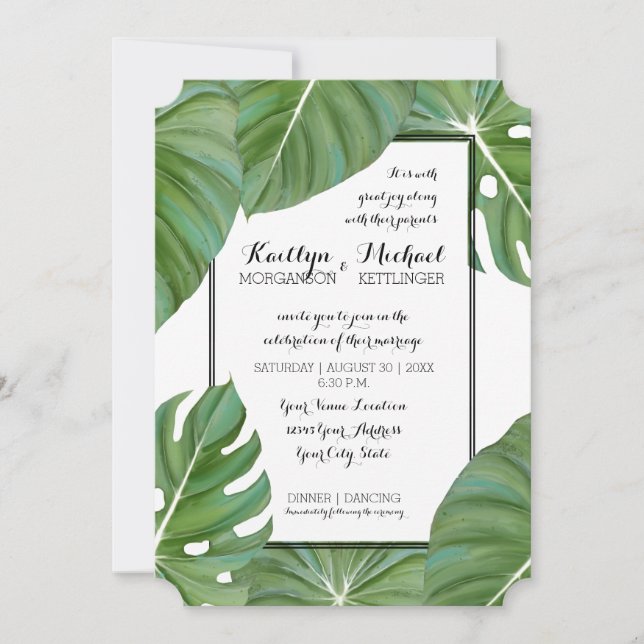 Modern Jungle Topical Beach Coastal Leaves Wedding Invitation (Front)