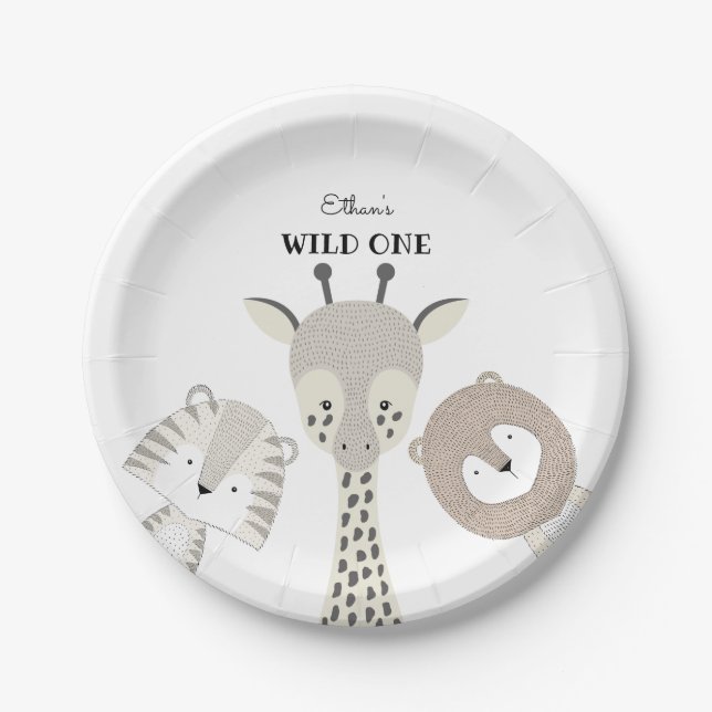 Modern Jungle Wild One Birthday Safari Baby Shower Paper Plates (Front)