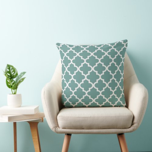 Modern Juniper Green and White Quatrefoil Pattern Throw Pillow