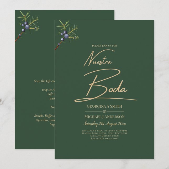 Modern JUNIPER Green GOLD Wedding Invite (Front/Back)